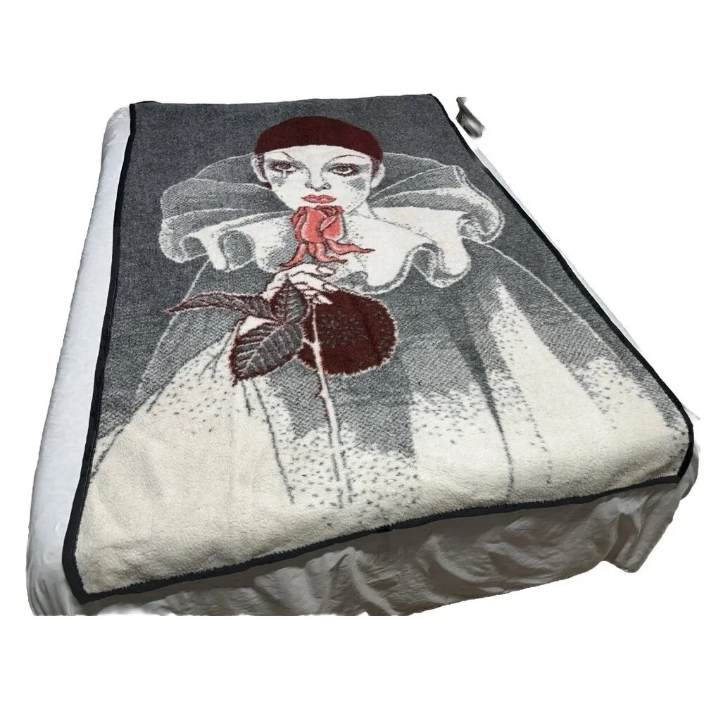 Vintage Acrylic Harlequin Sad Clown Rose Pierrot Throw Blanket Red Black 55x82”